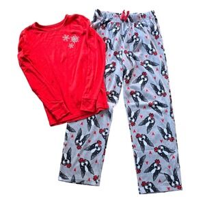 Total Girl Pajama Set Kids Size 14 Red Grey Boston Terrier Dog Snowflake Winter